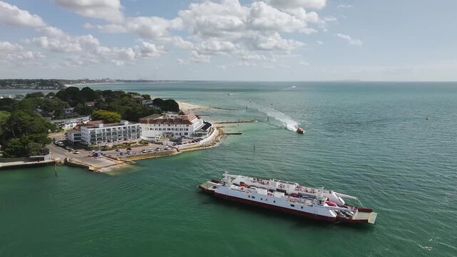 Sandbanks ferry from drone, Poole, Dorset, England