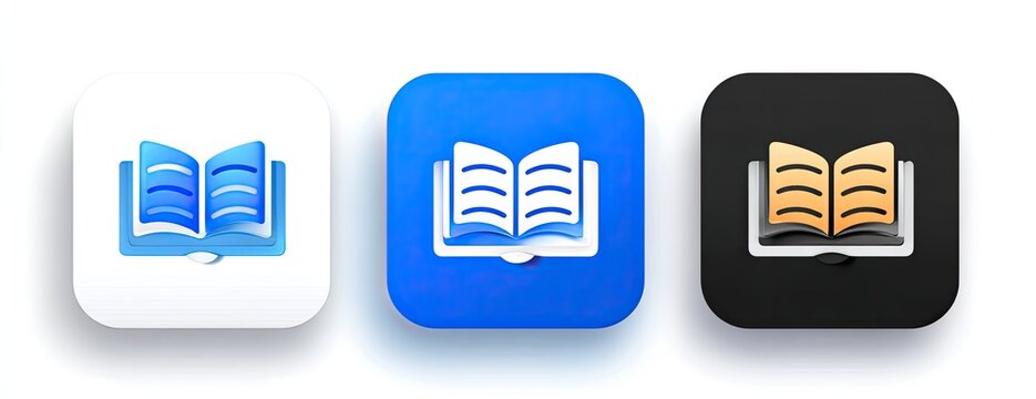 Three square icons, each with a graphic of an open book.  The icons are in white, blue, and black, with a 3D-like effect