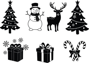 Christmas silhouette set, decorated tree, snowman, reindeer, candy canes, snowflakes, gift boxes, holiday celebration vector illustration, black and white festive winter design