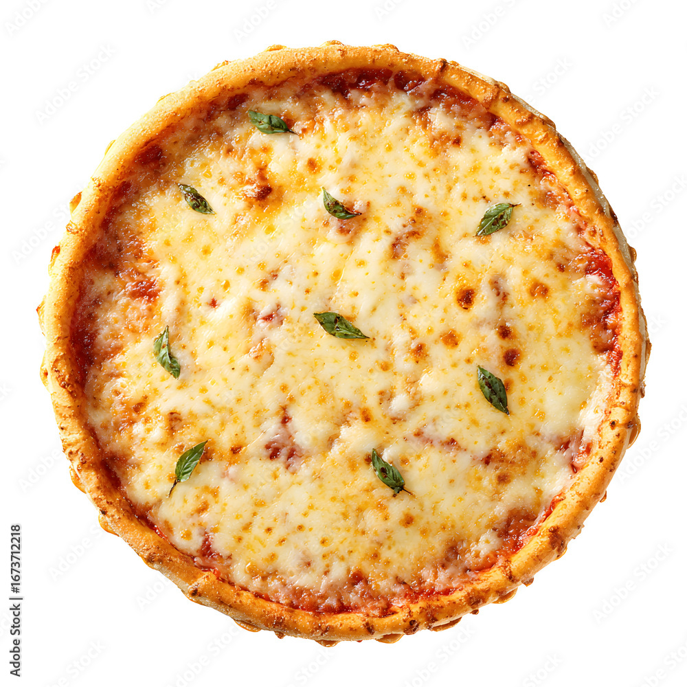 Poster overhead view of a cheesy pizza with basil leaves on a white background the pizza is round and golde