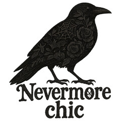 raven illustration with lace floral pattern decorated with roses pumpkins and cobweb in gothic halloween style with phrase nevermore chic on dark background concept of apparel design