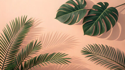 Tropical Leaves and Shadows on Peach Background monstera