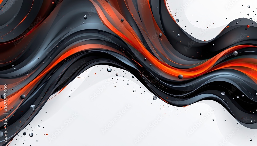 Poster abstract flowing waves in black and orange tones with dots and smooth curves on white background