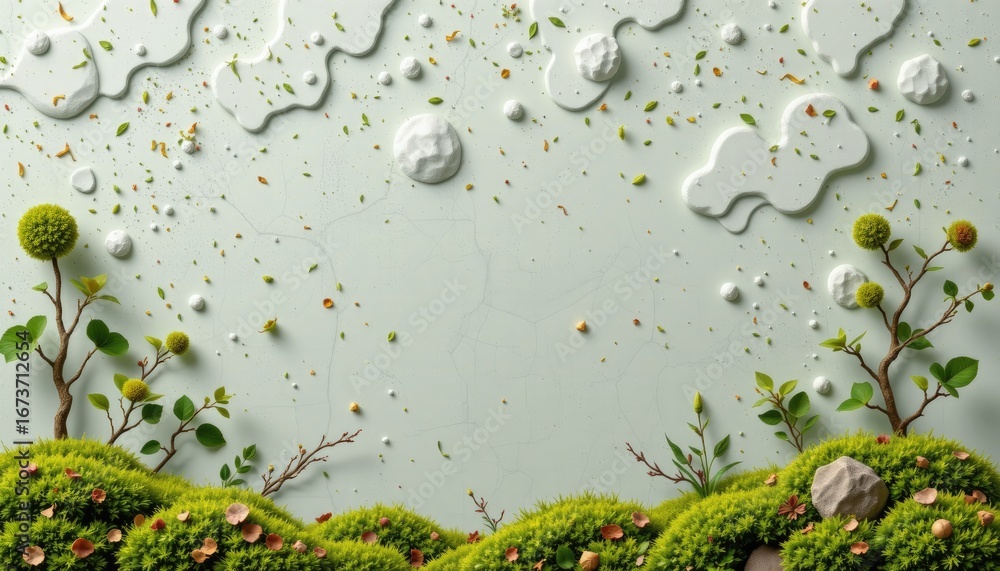 Poster lush greenery with textured elements and natural objects on a soft background for artistic and natur