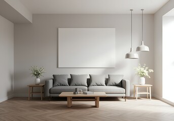 Minimalist Living Room Interior with Gray Sofa Artwork and Natural Light Promoting Calm and Modern Design for Home Decor Inspiration