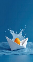 White paper boat with orange egg sailing on blue ocean, splash