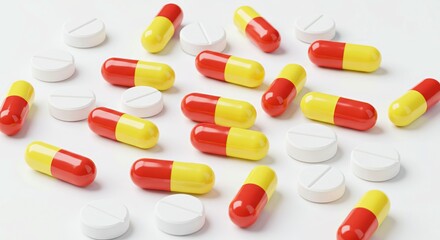 Assorted red and yellow capsules and white tablets scattered on surface  