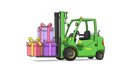 Green forklift carrying colorful gifts with ribbons and bows  