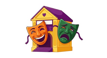 Theater building with comedy and tragedy masks in colorful design  