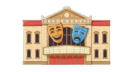 Theater building facade with comedy and tragedy masks design  