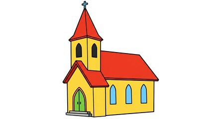 Cartoon yellow church with red roof and green door  
