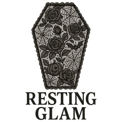 coffin illustration with lace floral pattern decorated with roses bats and cobwebs in gothic halloween style with phrase resting glam on dark background concept of apparel design concept of holiday de