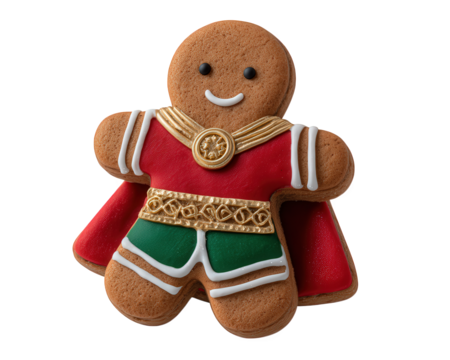Gingerbread man superhero cookie red cape green shorts gold belt festive cheerful decorated holiday treat isolated transparency background