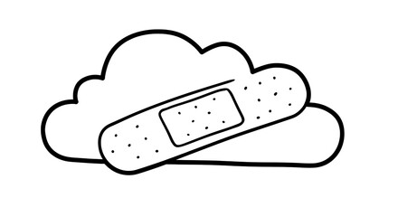 Band-aid resting on a fluffy cloud in minimalist line art style  