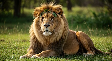 Lion resting on grass with greenery in the background  