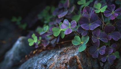 Purple clover growing on rocks, forest background, nature photography