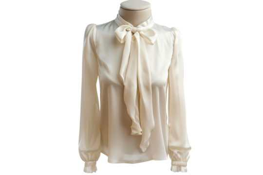 Elegant cream blouse with bow tie detail displayed on a mannequin illuminated by soft lighting in a minimalist setting isolated on transparent background