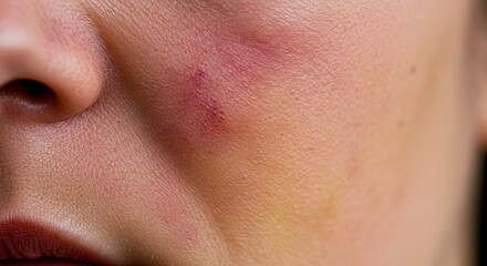 Close-up of female face with skin discoloration and blemishes  