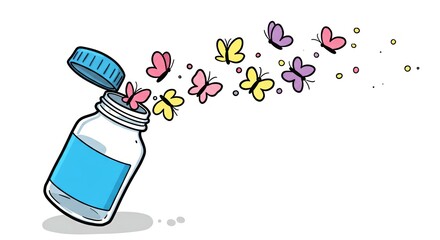 Colorful butterflies emerging from open jar with blue lid  