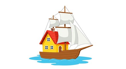Colorful house-shaped sailing boat floating on blue water  