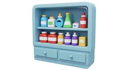 Colorful shelf with various bottles and containers for household items  