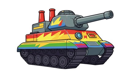 Cartoon tank with rainbow colors and playful design  
