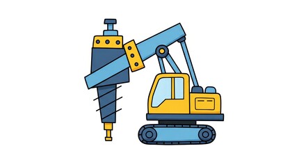 Yellow construction drill machine with blue arm on white background  