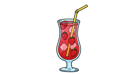 Fresh strawberry cocktail in tall glass with straw and ice  