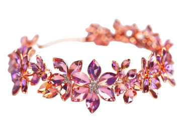 Elegant rose gold floral bracelet adorned with vivid purple gemstones sparkles brightly under soft light isolated on transparent background