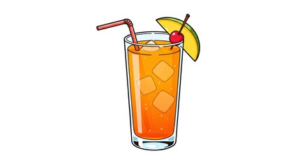 Cold orange drink with ice and cherry garnish in tall glass  