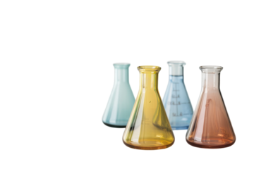 Colorful laboratory flasks filled with various liquids stand gracefully on a clean white table, showcasing the beauty of scientific exploration isolated on transparent background
