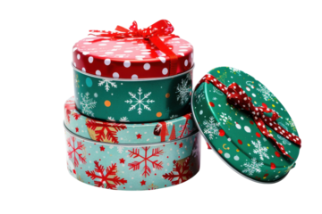 Colorful holiday gift tins adorned with festive patterns stacked elegantly for seasonal celebration isolated on transparent background
