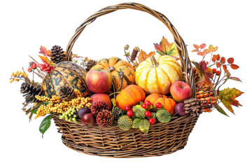 A vibrant autumn harvest basket filled with colorful pumpkins, apples, and seasonal foliage on a bright backdrop isolated on transparent background