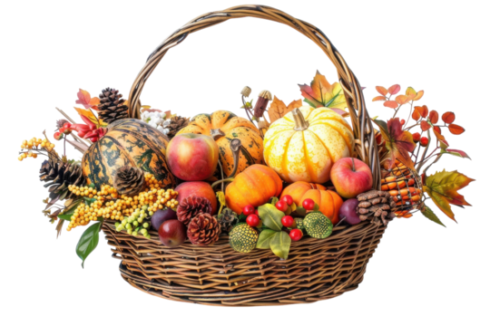 A vibrant autumn harvest basket filled with colorful pumpkins, apples, and seasonal foliage on a bright backdrop isolated on transparent background