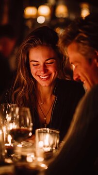 Romantic Dinner Date with Laughter and Connection Over Candlelight in a Cozy Restaurant