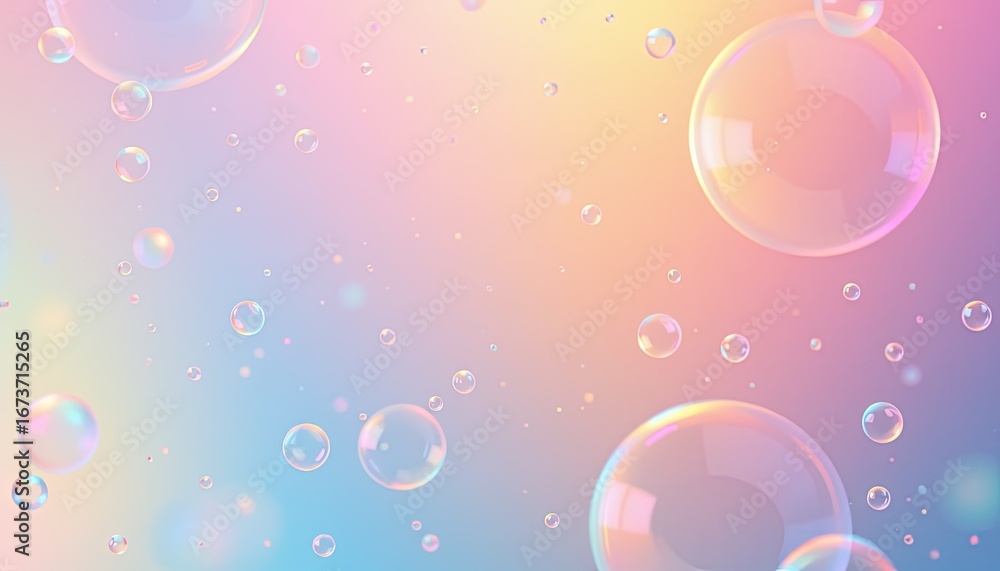 Poster colorful soft soap bubbles floating on gradient background with gentle light reflection and dreamy a
