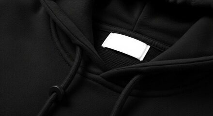 Close-up of a black hoodie with a blank white tag revealing fabric texture and design details.