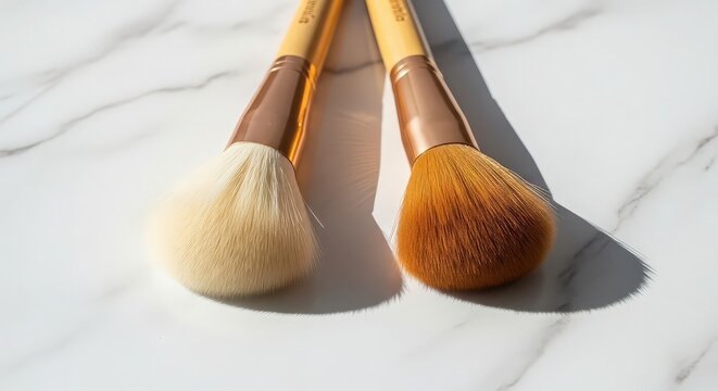 Close-up of two makeup brushes with natural bristles and wooden handles on a marble surface