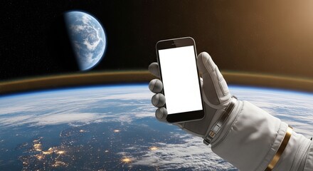 An astronaut in outer space is seen holding a phone with Earth displayed majestically behind him