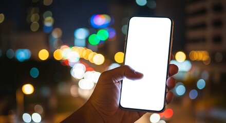 A hand holds a smartphone with a blank white screen against a blurred urban night background.