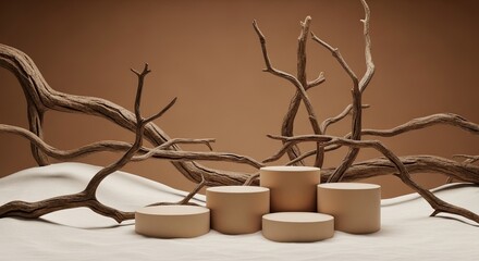 Monochromatic still life featuring beige cylindrical podiums surrounded by weathered, textured tree