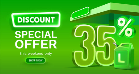 Discount on a canister of gasoline liters, 35 percent discount on liters. Vector illustration