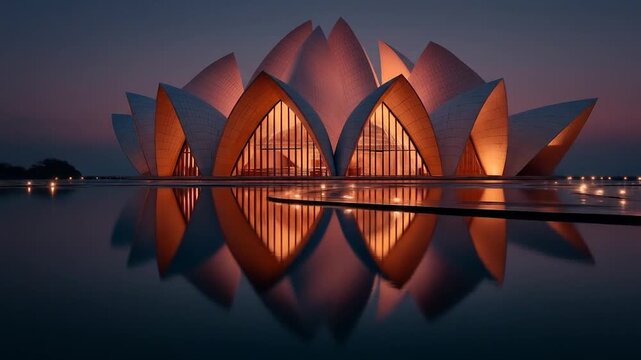 Lotus Temple at Dusk: A mesmerizing evening view of the iconic Lotus Temple in New Delhi, its petals aglow with warm light reflected in serene water.