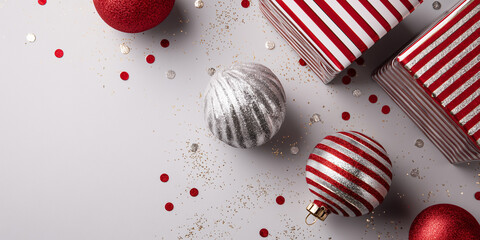 Fototapeta premium Elegante Weihnachtsdeko auf einer Unterlage. Weihnachtskugeln und Geschenkboxen