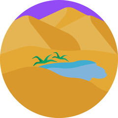 Oasis: A natural desert refuge with water and vegetation.