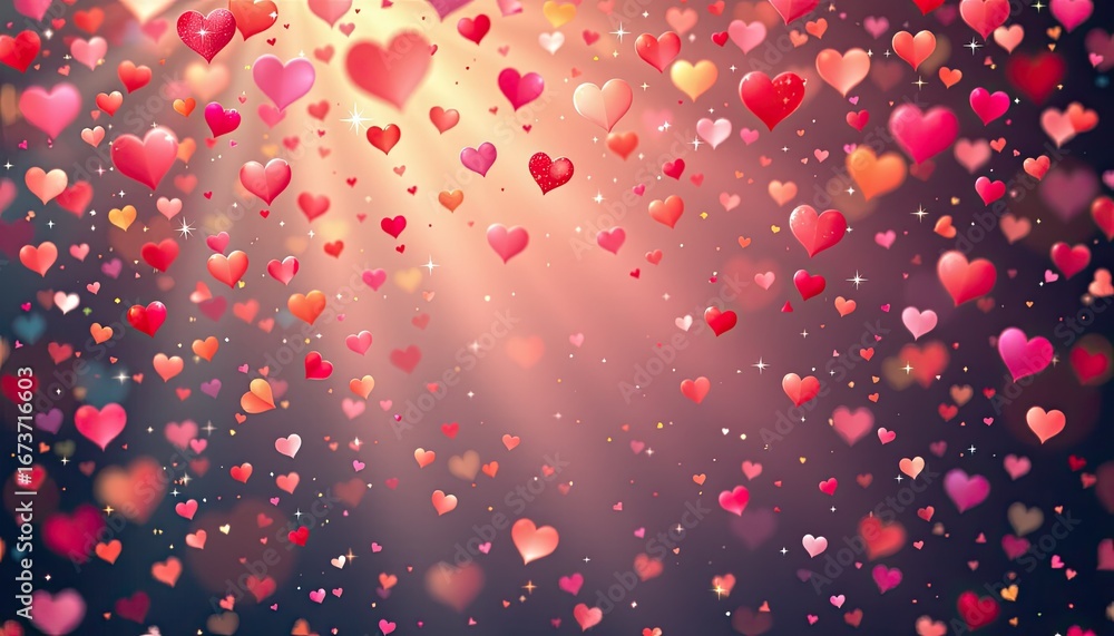 Poster colorful hearts floating against a soft background with gentle light rays and sparkling elements for