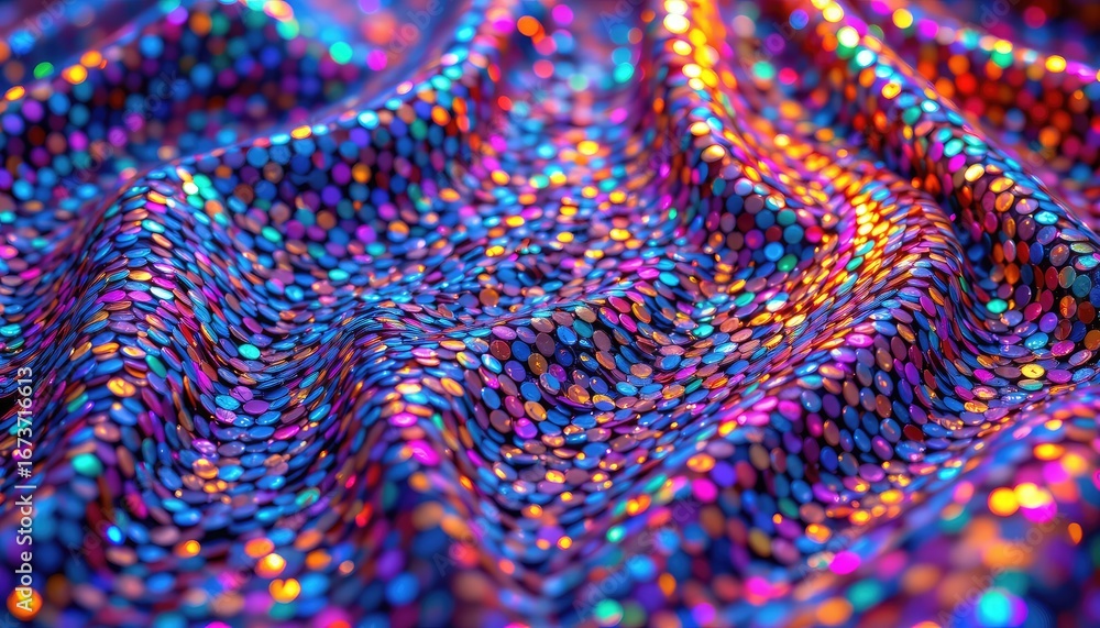 Poster colorful shimmering fabric texture with dazzling glittering sequins in vibrant hues and patterns
