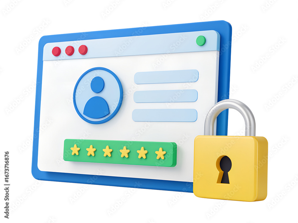 Fototapete 3d rendering of login page with padlock isolated on transparent background, representing security an