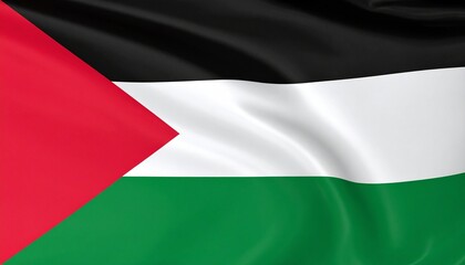 Palestine flag with black-white-green horizontal stripes and red triangle at hoist.