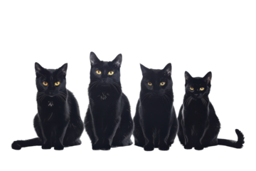 Four elegant black cats posing in a row against a bright white background, showcasing their unique personalities and shiny fur isolated on transparent background